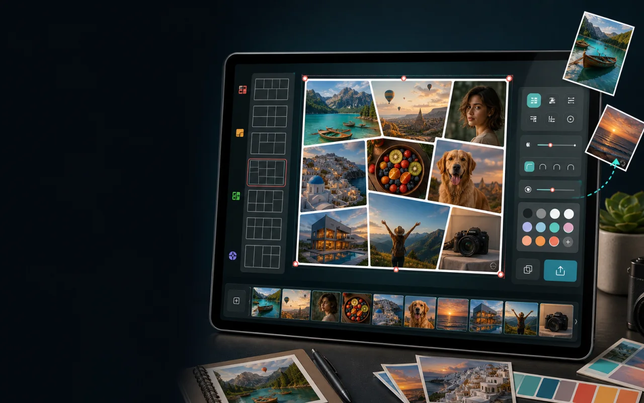 GridFlow collage workspace on a tablet