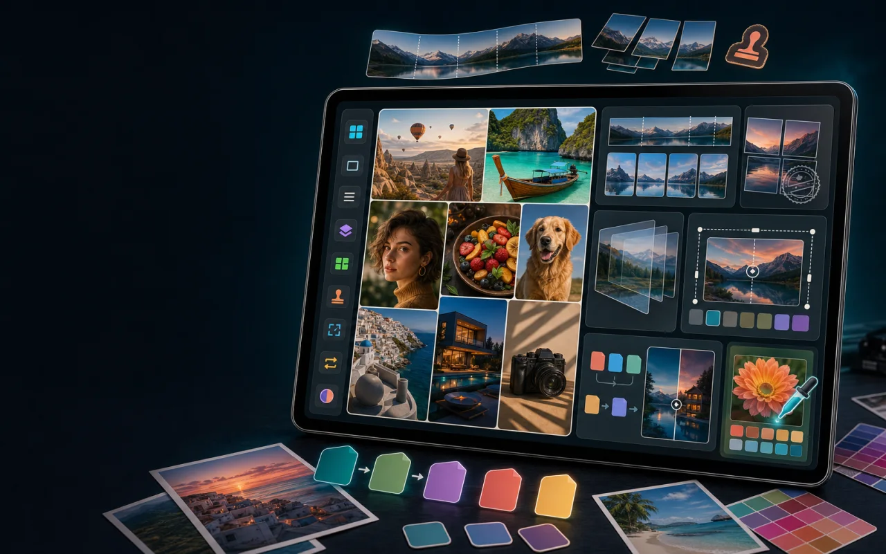 GridFlow tablet workflow showing collage, splitting, watermarking, format conversion, compare, and color picking